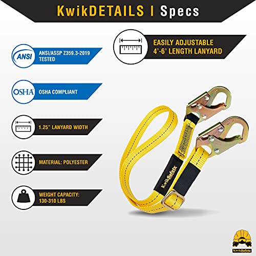 KwikSafety Positioning Lanyard - 4' to 6' Adjustable, No Shock Absorber, ANSI/OSHA Rated for Tree Climbing, Roof Work, Saf...