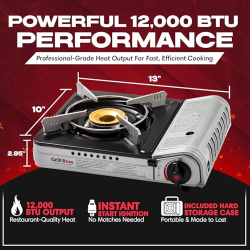 Grill Boss Dual Fuel Camp Stove - 12,000 BTU Butane & Propane Portable Stoves for Camping, Emergencies, BBQ, Hiking & Back...