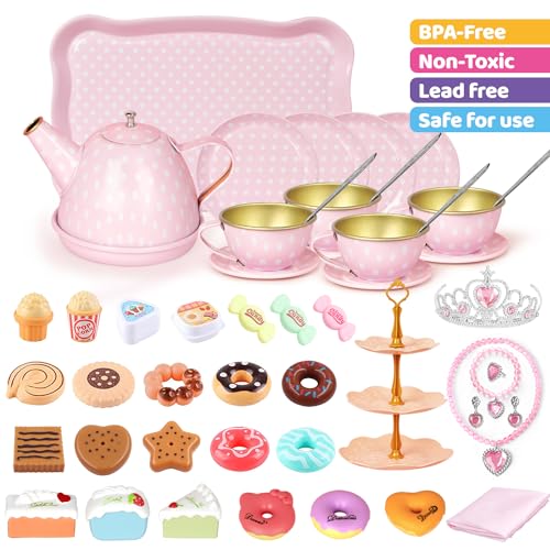 iAOVUEBY Tea Party Set for Little Girls, 49PCS Princess Tea Time Toys Including Tea Set Dessert Carrying Case, Kids Kitche...