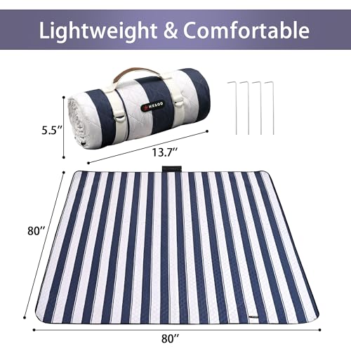 HX&OD Outdoor Picnic Blanket Extra Large, 80''*80'' Waterproof Picnic Mat with Stakes Foldable Camping Blanket Portable wi...