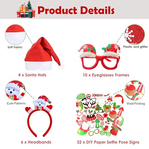 52 Pcs Christmas Photo Booth Props Kit, 20Pcs Glitter Eyeglasses Frame Hats Hairhoop and 32Pcs DIY Selfie Pose Signs for X...