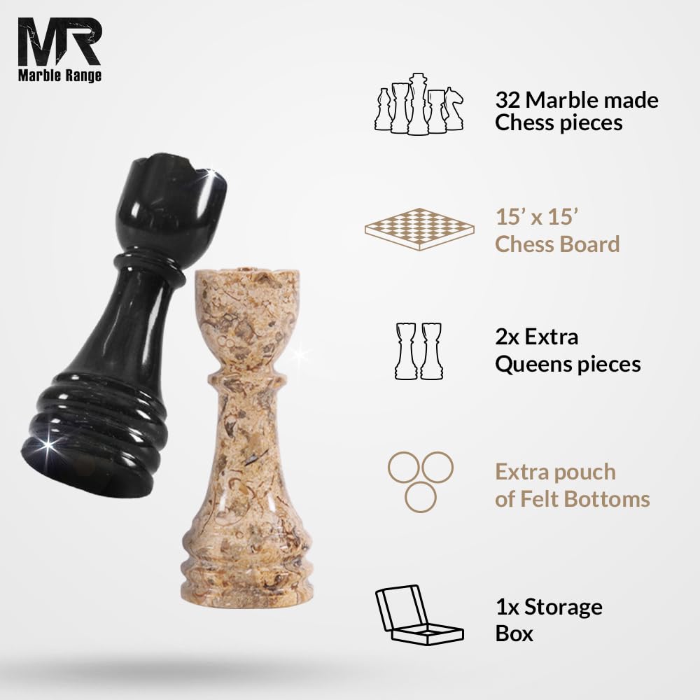 Marble Chess Set for Adults 15" Handmade Black & Coral Board Game with 32 Chess Pieces, 2 Extra Queens & Storage Box, Luxury Travel Game – Elegant for Home Decor