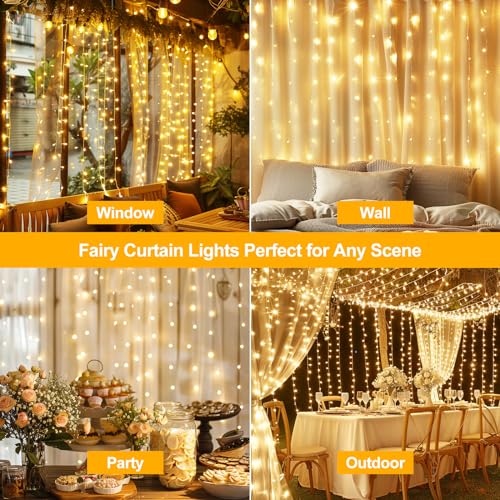 HOLITS 300 LED Fairy Curtain Lights, 9.8 x 9.8FT Warm White USB Plug in 8 Modes Hanging Lights with Remote for Christmas, ...