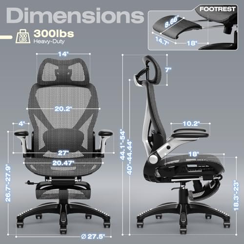 ELABEST X100 Ergonomic Mesh Office Chair with Footrest, Big and Tall Hone Desk Chair with 5D Flip-Up Arms, Adjustable 3D L...