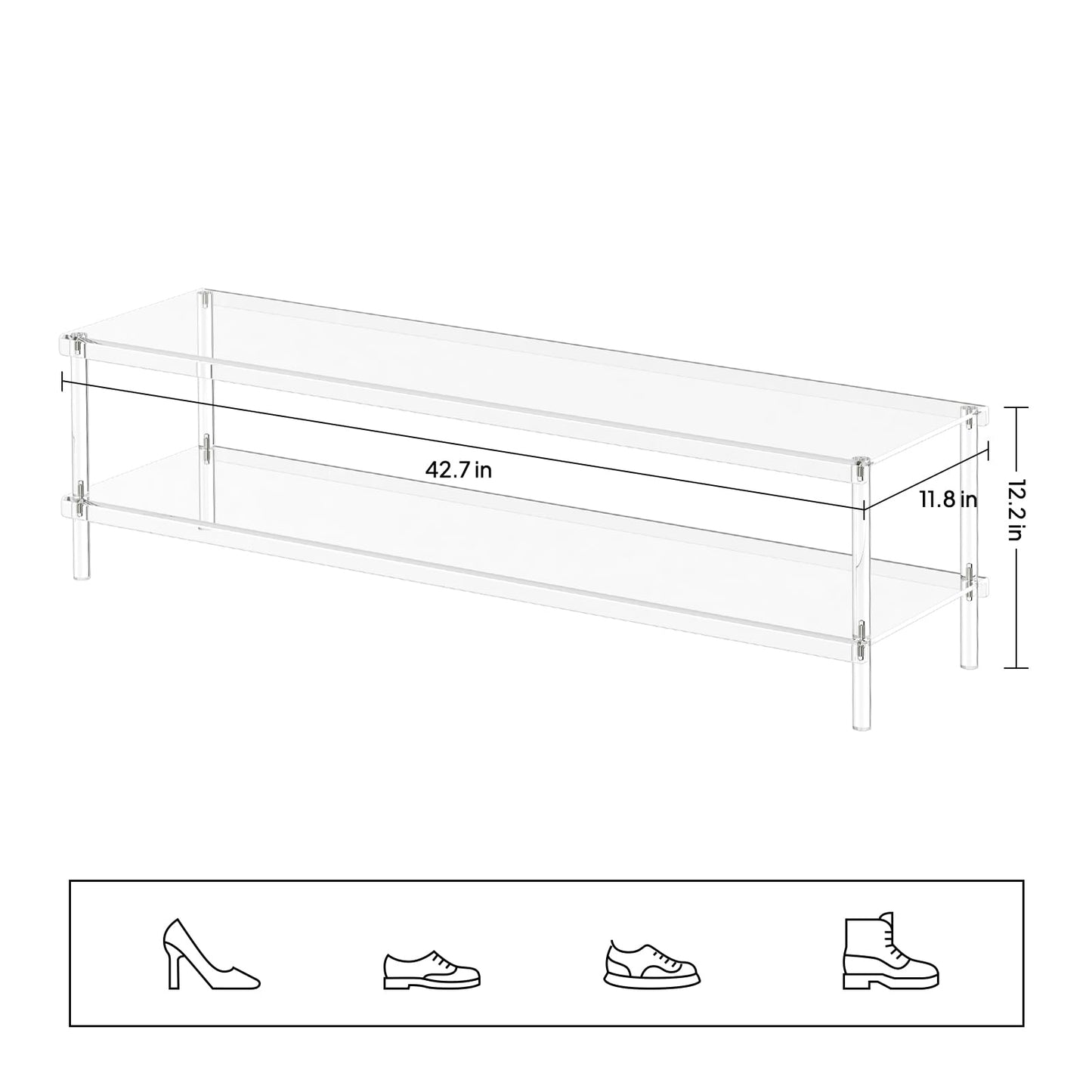 Aquiver Acrylic Long Shoe Rack - 2 Tier Shoe Organizer for Closet- Wide Shoe Shelf Clear Shoes Rack for Entryway, 42.7'' L x 11.8'' W x 12.2'' H, Easy Assembly & Clean