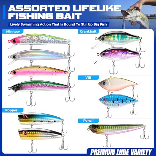 PLUSINNO Fishing Lures Fishing Tackle Box Fishing Gifts for Men, Bass, Trout Fishing Accessories Kit for Saltwater & Fresh...