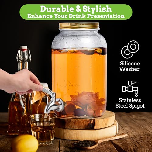 1 Gallon Kombucha Glass Beverage Dispenser with Spigot - Wide-Mouth - Glass Drink Dispenser Parties & Home Use and Lid for...