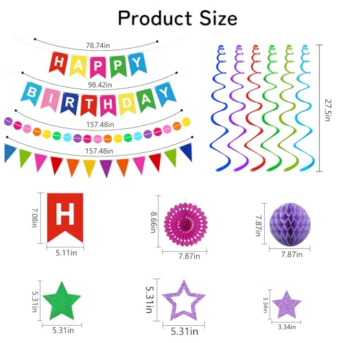 Birthday Decorations Colorful Happy Birthday Banner Paper Fans Honeycomb Balls Hanging Swirl Stars Triangles Dots Garland ...