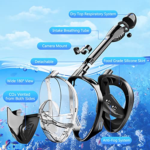 Full Face Snorkel Mask for Adults Teen, Snorkeling Gear with Detachable Camera Mount, Panoramic 180° View, Anti-Fog Anti-L...