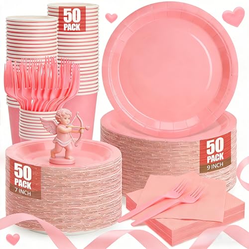 CENLBJ Pink Paper Plates and Napkins, Disposable Party Supplies, 50 of Each 9’’ Pink Plate, 7’’ Dessert Plates Napkins Cup...