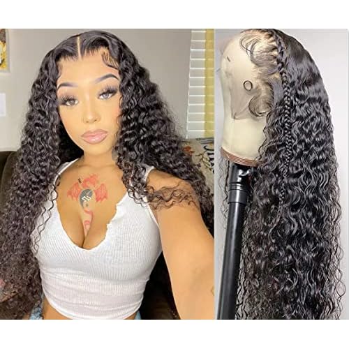 13x4 Deep Curly Lace Front Wigs Human Hair Wet and Wavy Water Wave Human Hair Wigs (13x4 deep wave lace closure wigs, 22 Inch)