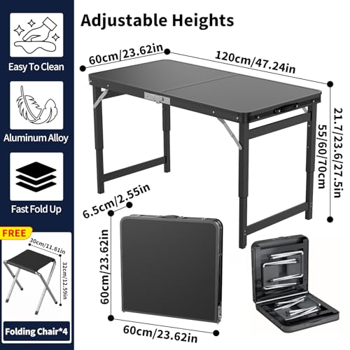 MIKEE Portable Folding Card Table with Chairs,4ft Foldable Table Adjustable Height,Aluminum Alloy Frame Folding Dining Tab...