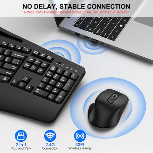 Wireless Keyboard and Mouse Combo, 2.4G Full Size Wave Keys Ergonomic Keyboard with Wrist Rest, Phone Holder, 3-Level DPI ...