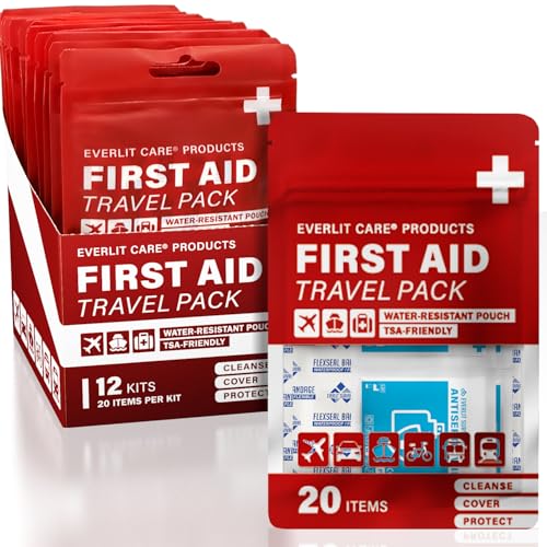 EVERLIT CARE Travel Bandage Pack | 12 Individual Packets, Bulk Portable Mini First Aid Kit with 20 On-The-Go Essentials | ...