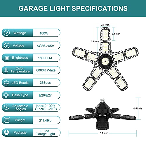 Nexillumi 2-Pack Led Garage Light 180W, 36000LM Garage Lights Ceiling LED with E26/E27 Medium Base, 6000K Deformable LED S...
