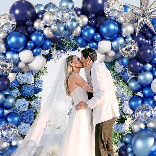 Blue White Silver Balloon Garland Arch Kit, 140Pcs Navy Light Metallic Blue Silver White Confetti Balloons With Stars for ...