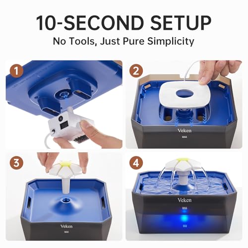 Veken Award-Winning Small Pet-Friendly Cat Water Fountain with Quiet Pump, Easy to Clean & Assemble, 50oz Mini Pet Water D...