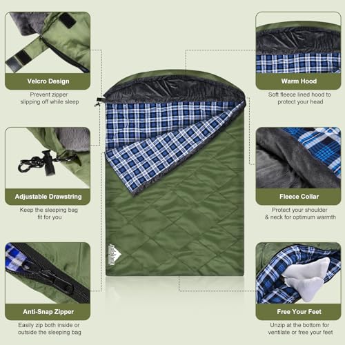 AGEMORE Cotton Flannel Double Sleeping Bag with Fleece Lined Hood, Waterproof Queen Size 2 Person Sleeping Bag for Adults ...