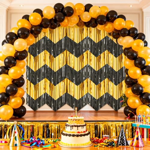LERCTH Black Gold Chevron Fringe Curtain Backdrop (Pack of 6) | 78.74in x 19.69in Wave Fringe Curtains for Party Decoratio...