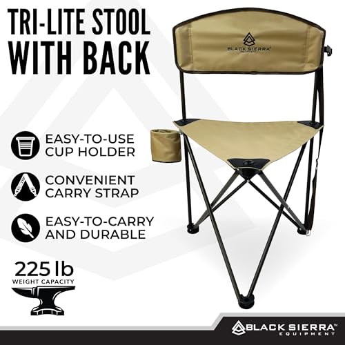 Black Sierra XL Trip-Lite Hunting Stool w/Backrest, Lightweight Portable Fishing Chair w/Cupholder and Carry Strap, Suppor...