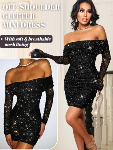 Kaei&Shi Sparkly Off Shoulder Dress,Mesh Long Sleeve Ruched Bodycon Corset Dresses Women,Sexy Birthday Outfit Club Going Out