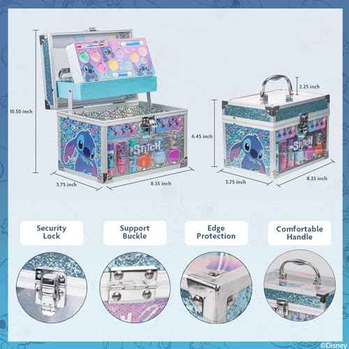 Stitch Train Case Beauty Set, Kids Makeup Kit for Girls, Real Washable Makeup Set, Play Makeup, Party Favor, Birthday, Ages 3 4 5 6 7 8 9 10 11 12 by Townley Girl