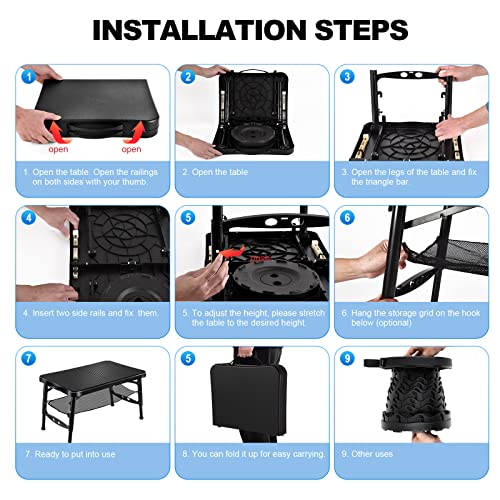 KPR Retractable Small Folding Table and Stool Set, Portable Camping Foldable Table Lightweight Yet More Sturdy with Adjust...