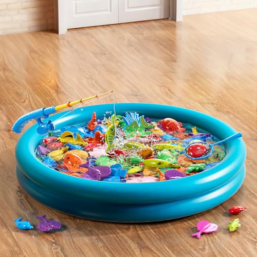 NIPLOOOW Pool Fishing Toys Games, Water Table Bathtub Toy with Inflatable Pool Pole Rod Net Plastic Floating Fish, Birthda...
