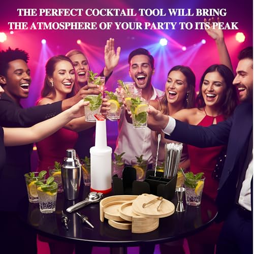 Yiyiring Bartending Supplies 3 Pcs Cocktail Shaker Set, 3 Tier Bar Rimmers 12 Bottle Pourer 2 Plastic Juice Pour Bottle, B...