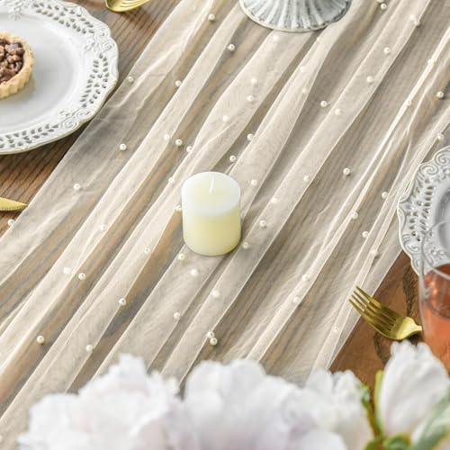 Artoid Mode Pearl Beige Gauze Table Runner 120 Inch 10FT, Seasonal Sheer Dining Holiday Wedding Birthday Baby Shower Table...