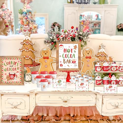 Hot Chocolate Bar Kit,Green Red Christmas Hot Cocoa Bar Supplies, Gingerbread Man Hot Cocoa Bar Banner Sign Toppings Label...