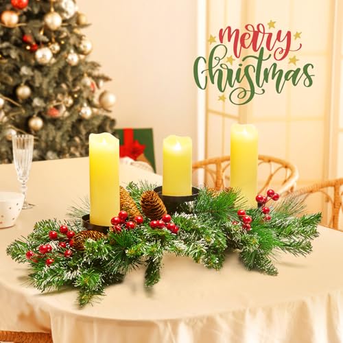 Brightown 20.5“ Iron Christmas Candle Holder, Pine Needles, Red Berries, Gold Balls and Golden Branches Tabletop Decoratio...