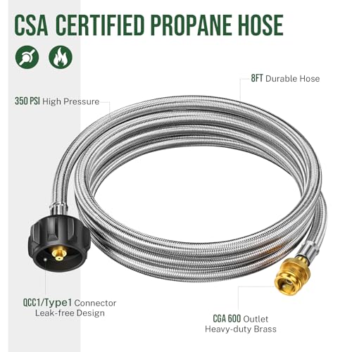 8ft Propane Hose Connects 1LB Portable Grill/Heater to 20lb Propane Tank, for Buddy Heater, Q Series Travel Grill/17&22” G...