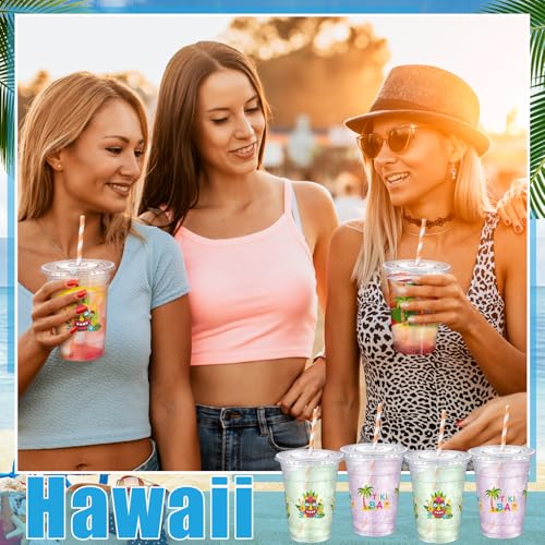 Jingmore 50 Pcs 16 oz Tiki Bar Plastic Cups Bulk with Lids and Straws Disposable Tropical Clear Drinking Cups for Tiki Bar...