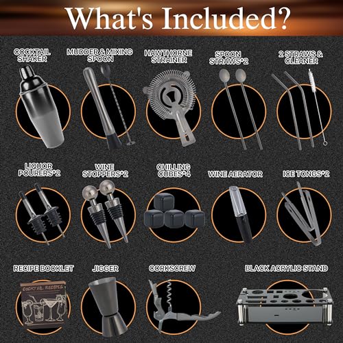Mixology Bartender Kit – 24 Piece Gun Metal Cocktail Shaker Set w/Stand – Essential Home Bar Accessories Martini Shaker, J...