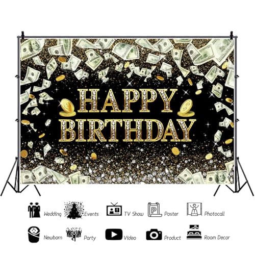 Renaiss 7x5ft Dollar Bill Birthday Backdrop Dollar Coins Diamonds Glittering Black Gold Money Birthday Photography Backgro...