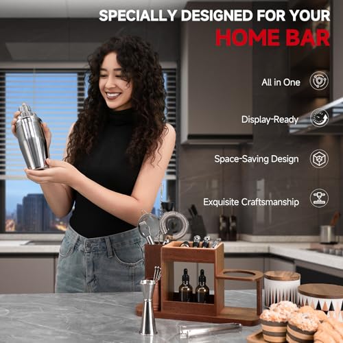 Lexenic Cocktail Making Dock, 23-Piece Cocktail Shaker Set with Freeform Bamboo Stand, Easy Access Stainless Steel Bartend...