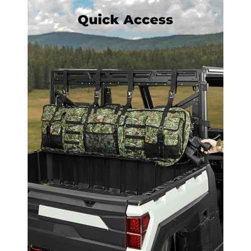 KEMIMOTO Double UTV Tool Bag Rack, Hunting Tool Holder Rack Soft Carrier Case Rear Roll Cage, Bow Storage Bag Compatible with Polaris Ranger Mule Uforce, Most General UTVs (Green Camo)