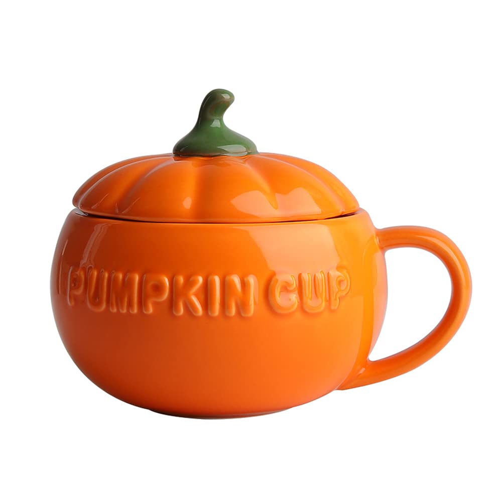 qqqqqq Cute Pumpkin Cup Ceramics ffee Mug Milk Soup Breakfast Novelty Personalised Cartoon Cup with Lid, 10.1 ounce