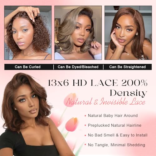 Brown Wig Human Hair 200% Density 13x6 Body Wave Lace Front Wigs Human Hair Pre Plucked Short Wigs for Black Women Glueless Frontal Wig Human Hair Loose Wavy 16 inch