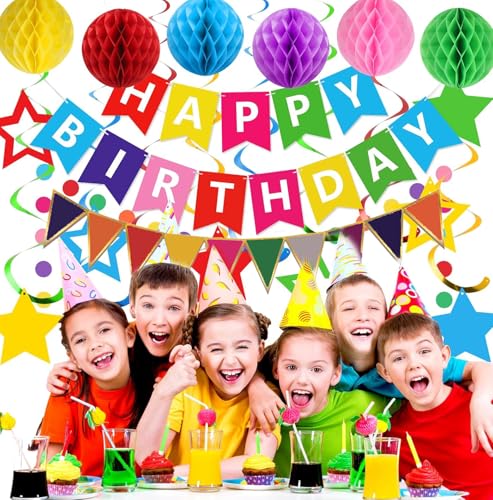 Buygain Colorful Birthday Decorations, Happy Birthday Banner with Honeycomb Balls, Stars Hanging Swirl Streamers, Buntings...