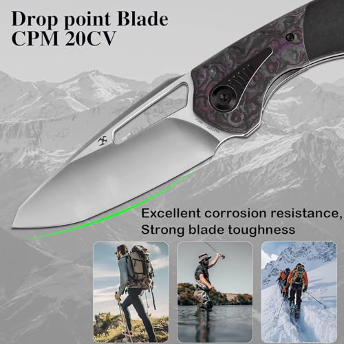 KANSEPT Thoth Camping Pocket Knives for Men 8.05in Folding Knives with 3.43in Satin CPM 20CV Material and Blackwash Titani...
