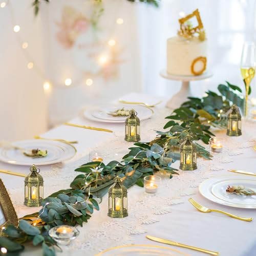 Romadedi Mini Lanterns Decorative for Centerpiece: 10pcs Hanging Small Gold Lantern Bulk with Flickering LED Candles for W...