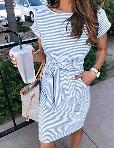 MEROKEETY Women's 2026 Summer Casual Dress Short Sleeve Crewneck Striped Tie Waist Work Trendy T Shirt Dresses