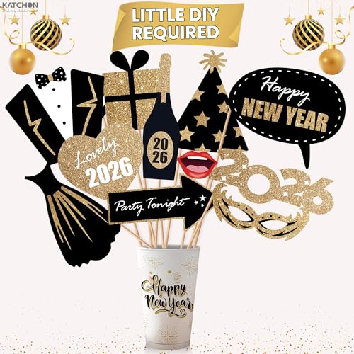 KatchOn, Glitter New Years Photo Booth Props 2026 - Pack of 32 | New Years Eve Photo Booth Props for Happy New Years Decor...