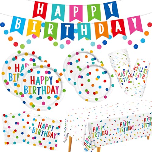 Happy Birthday Decorations: Happy Birthday Party Supplies Set with Birthday Dots Design- Includes Disposable Paper Birthda...
