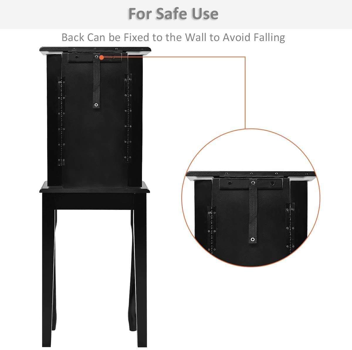 OFFICEJOY Jewelry Armoire Cabinet w/Top Flip Mirror, Wooden Jewelry Storage Chest w/ 4 Drawers, 2 Side Door, 8 Necklace Hooks, Standing Jewelry Organizer for Ring Necklace Bracelet (Black)