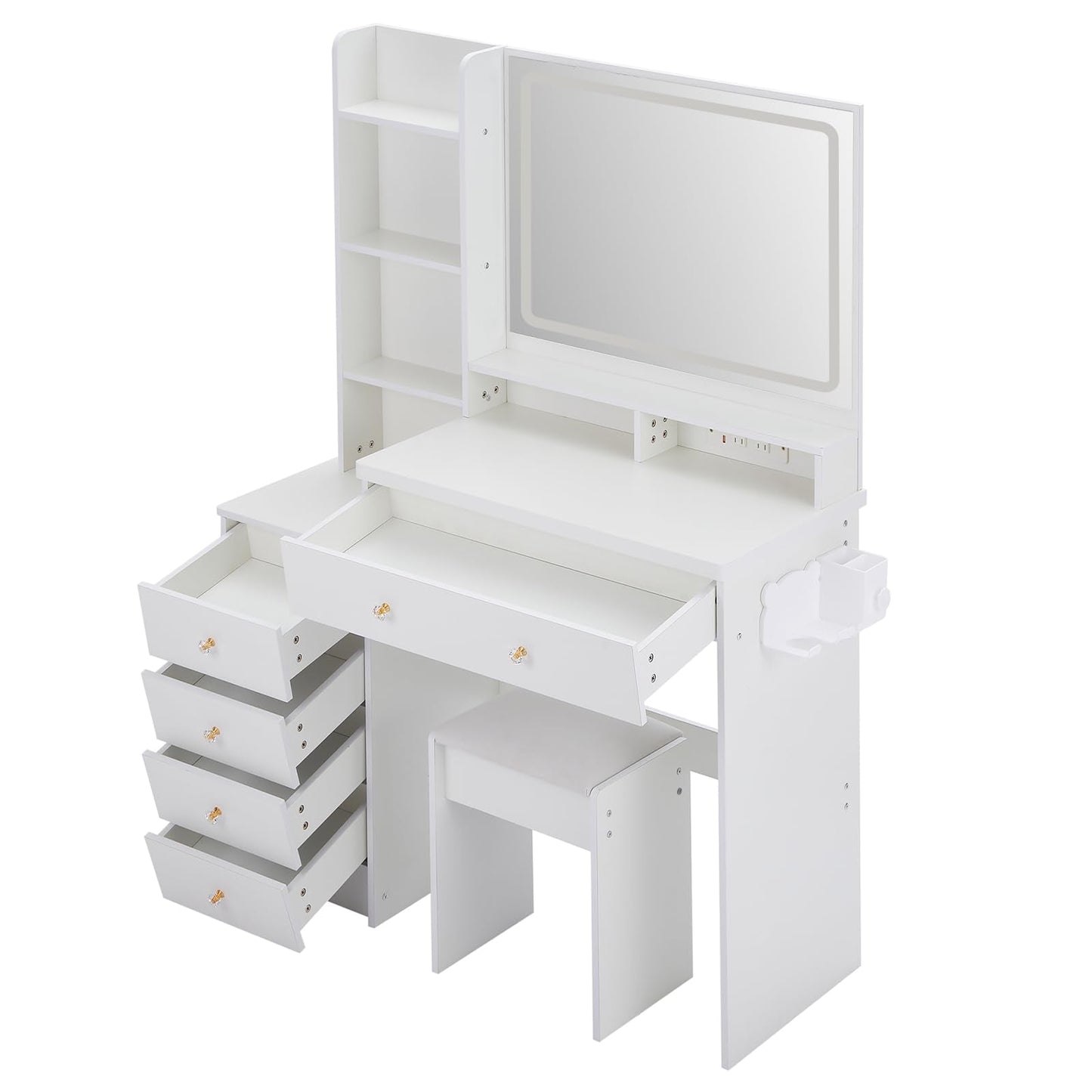 ESENATI Vanity Desk with Mirror and Lights,Makeup Vanity with Power Outlet,Hair Dryer Rack,5 Drawers,Storage Shelves,3 Light Modes Adjustble Brightness,Dressing Table with Stool for Bedroom,White