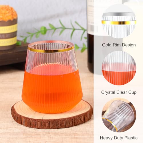 24 Pcs 12oz Clear Plastic Wine Cups with Gold Rim - Elegant Origami Ripple Design, Shatterproof for Whiskey, Cocktail, Cha...