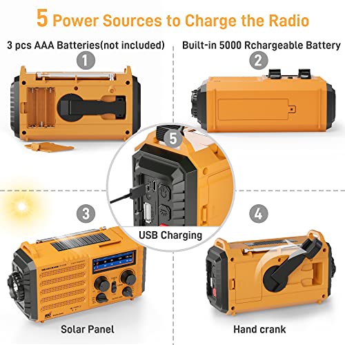 Eoxsmile Emergency Radio with NOAA Weather Alert– 5000mAh Solar Hand Crank Portable AM/FM Shortwave Radio, Rechargeable Ba...